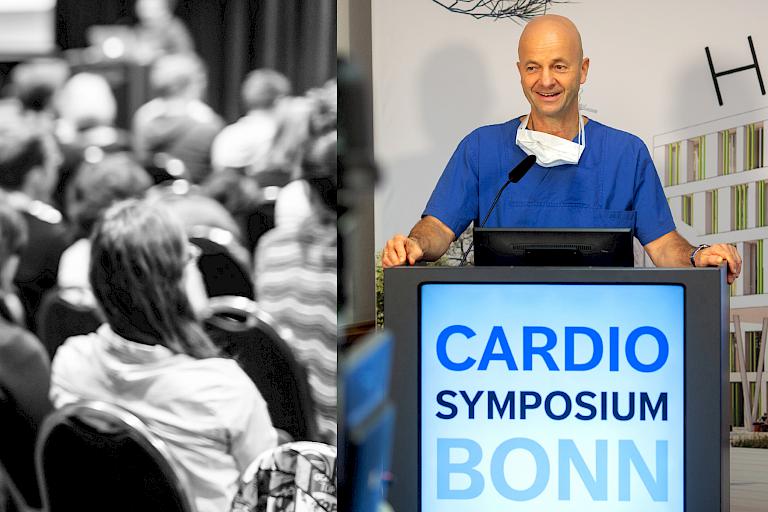 Bild von Publikum in einem Hörsaal und ein Bild von Prof. Georg Nickening als Redner beim Cardio Symposium Bonn