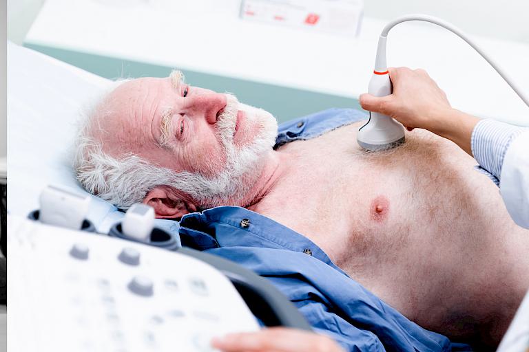 Prof. Georg Nickening erklärt einer Patientin das Herzmodell und Bild einer Person die ein Herz in der Hand hält