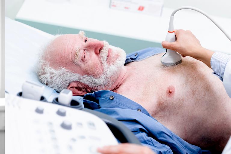 Prof. Georg Nickening erklärt einer Patientin das Herzmodell und Bild einer Person die ein Herz in der Hand hält