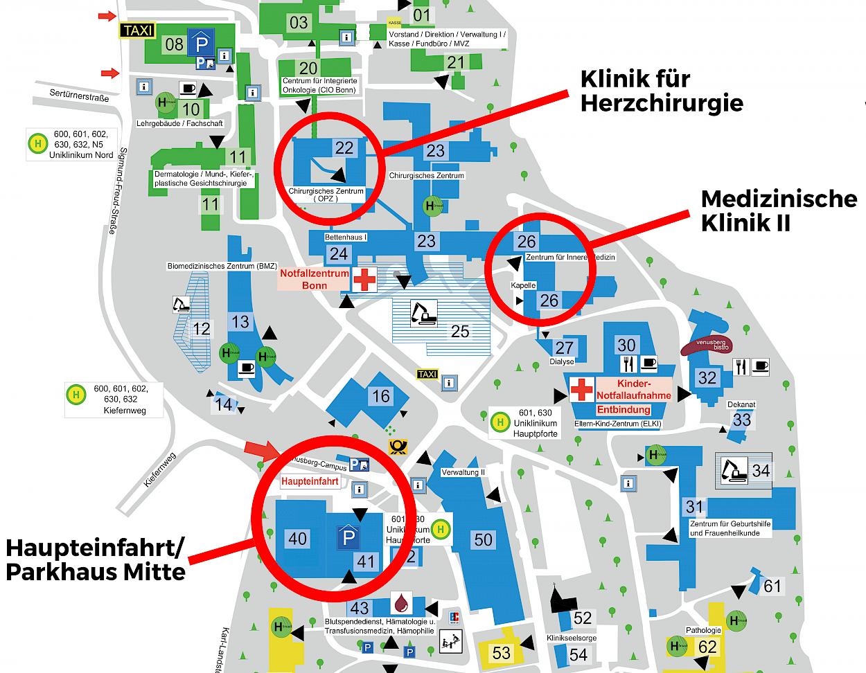 Anfahrtplan für die Uniklinik Bonn mit Markierung für das Parkhaus und den Gebäuden des Herzzentrums