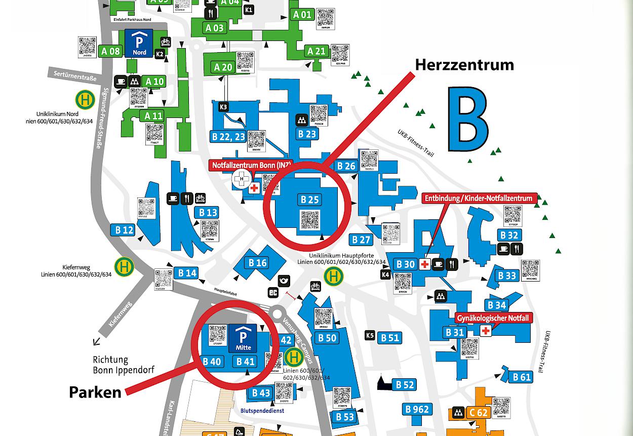 Anfahrtplan für die Uniklinik Bonn mit Markierung für das Parkhaus und den Gebäuden des Herzzentrums