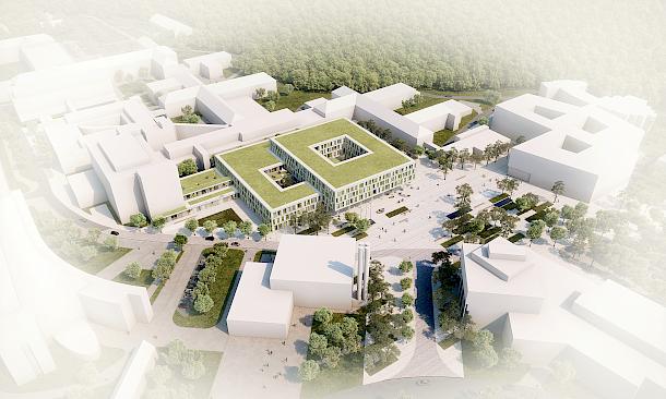 Digitales Rendering des neuen Herzzentrums Bonn aus der Vogelperspektive