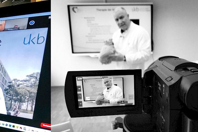 Bild einer Herzuntersuchung im Hintergrund mit einem Laptop und einem Video des Cardio Updates im Vordergrund und ein Bild einer Aufnahme eines Lehrvideos